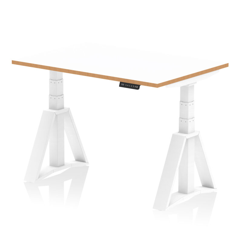 Oslo Air Height Adjustable Desk White Top Natural Wood Edge White Frame - Image 4